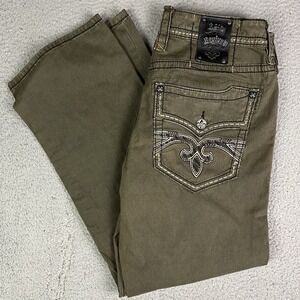 Rock Revival Men's Straight Leg Olive Green Pants Size 36 Cotton Stretch READ